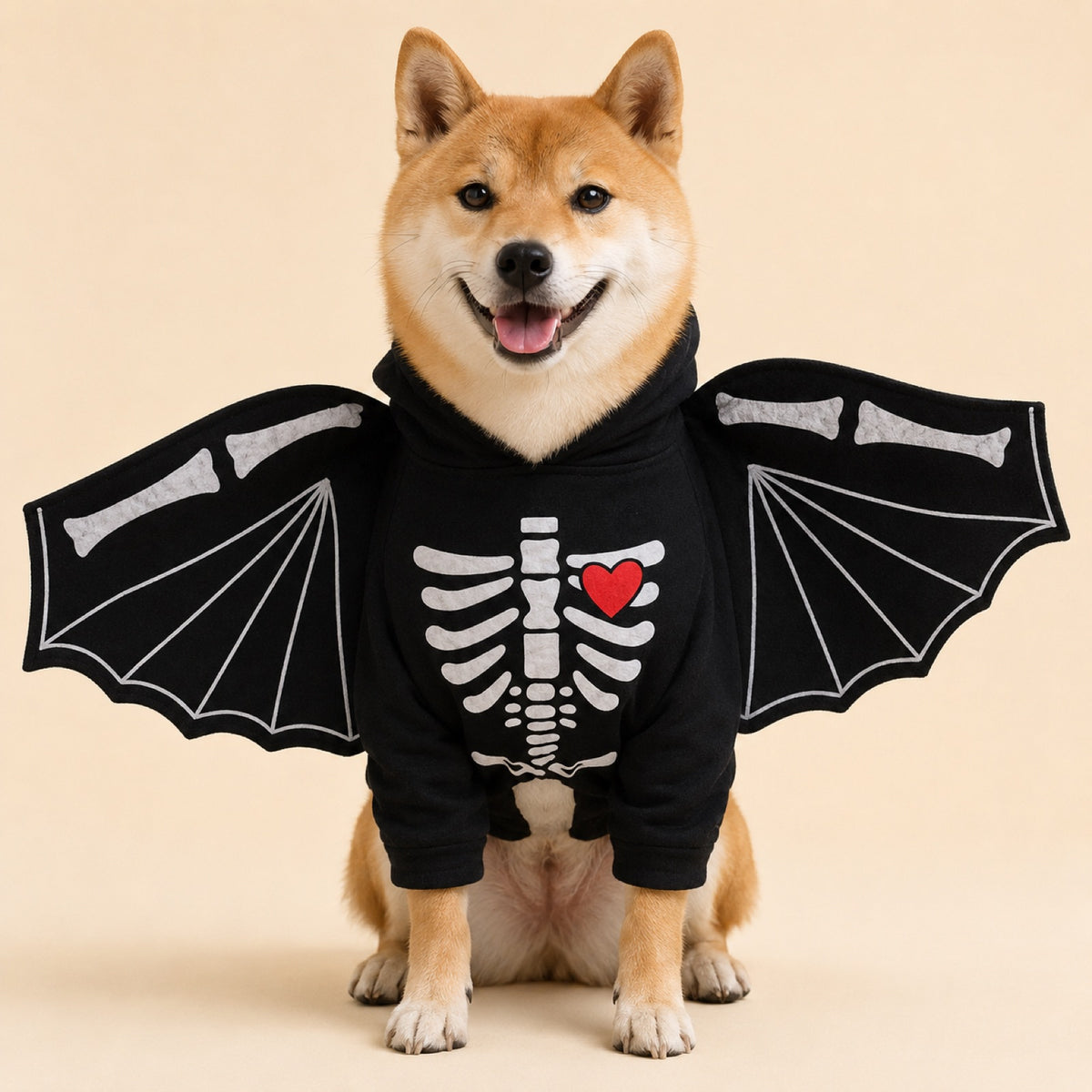 Shiba Inu wearing a black skeleton bat-wing dog costume with red heart, front view on cream background