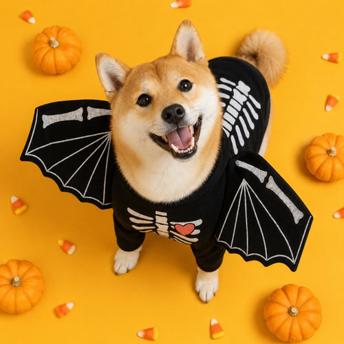 Dog in skeleton bat-wing Halloween costume, overhead view with mini pumpkins and candy corn