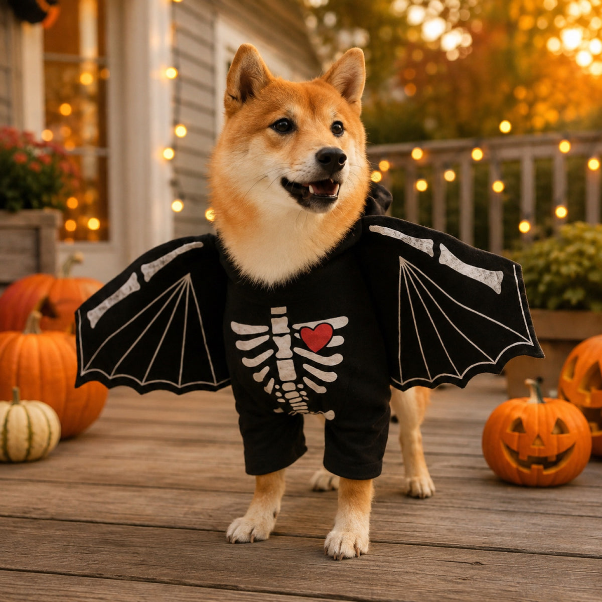 Dog in skeleton bat-wing costume on a Halloween porch with pumpkins and string lights at sunset