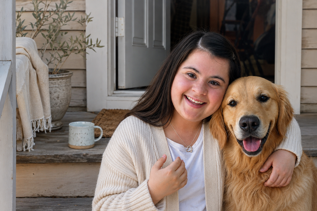 June and Silas, her golden retriever, together on a sunny front porch