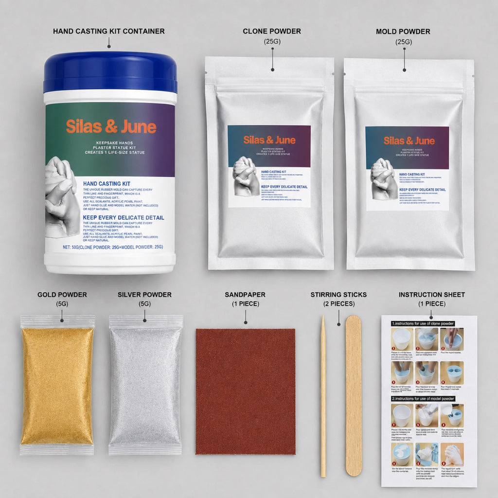 Everything included in the hand casting kit: canister, clone powder, mold powder, gold and silver powder, sandpaper, stirring sticks and instructions