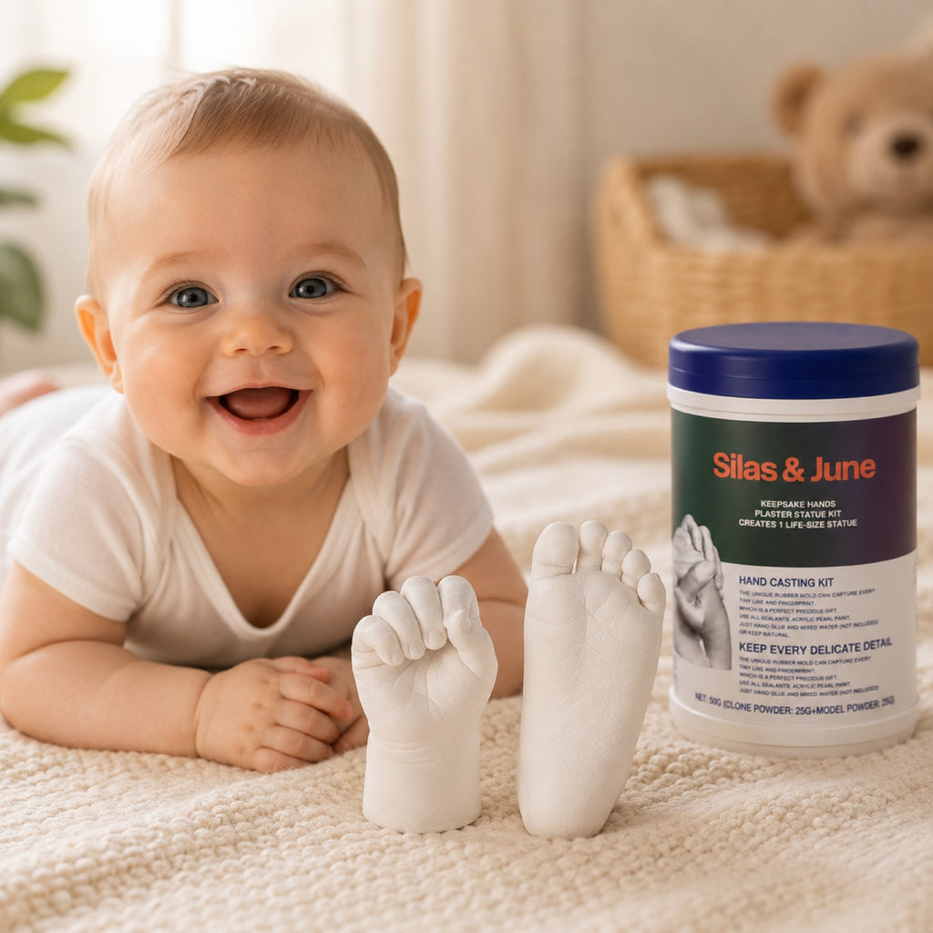 Smiling baby beside white plaster hand and foot casts and the Silas & June kit canister